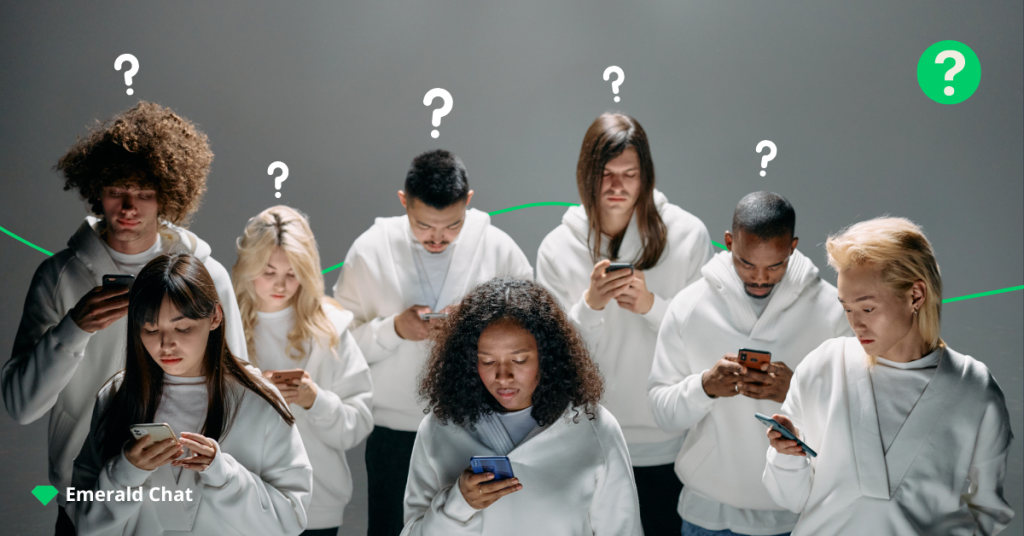 photo of a group of people with question marks above their head