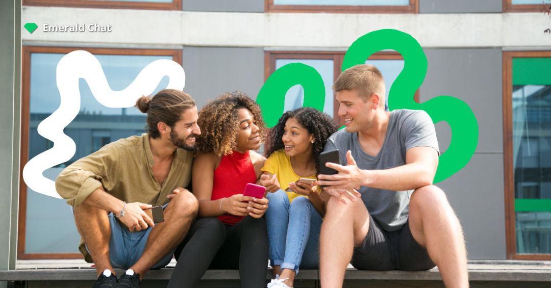 Four young adults sit together outside smiling and chatting while holding their phones, with doodle shapes behind them and the Emerald Chat logo in the corner.