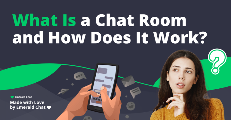 Woman holding a phone with chat icons around her, representing the idea of what a chat room is and how it works in real-time conversations.