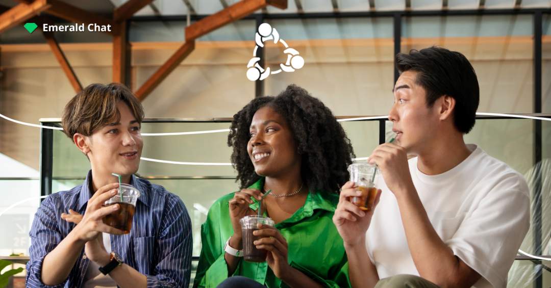 Three friends sitting together with iced drinks, smiling and chatting, with a simple icon above them showing connection and community.