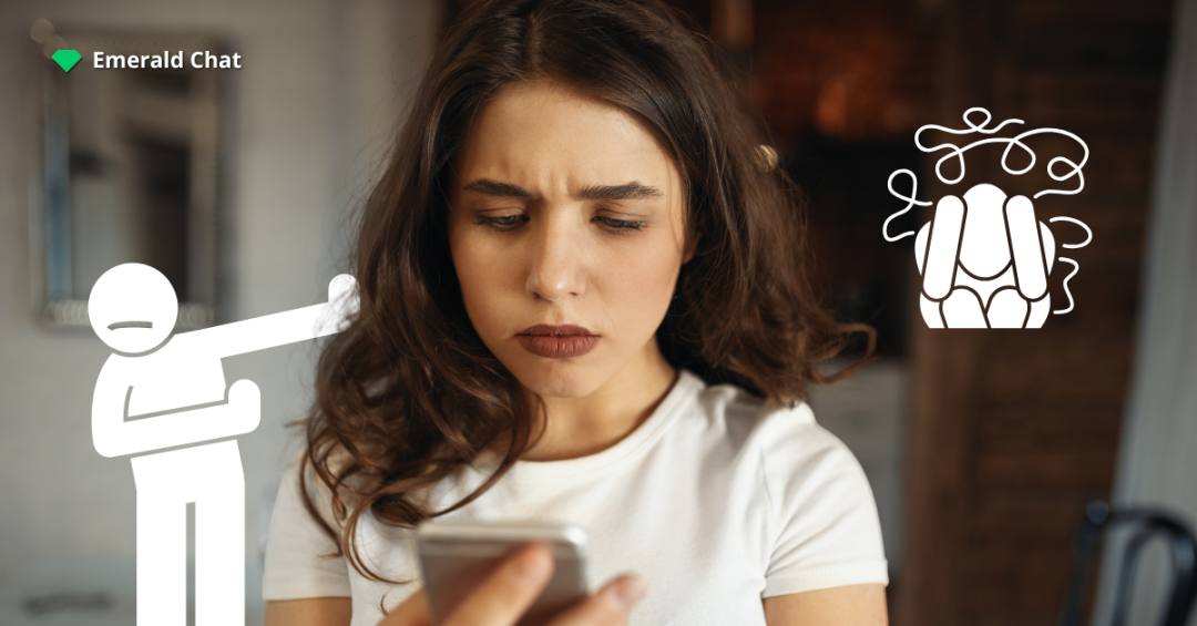 A young woman frowning at her phone while cartoon icons around her show stress and rejection, representing social anxiety and the fear of being judged.