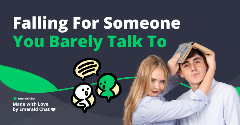 Couple posing playfully with text overlay, representing the feeling of falling for someone you barely talk to in a light and unexpected way