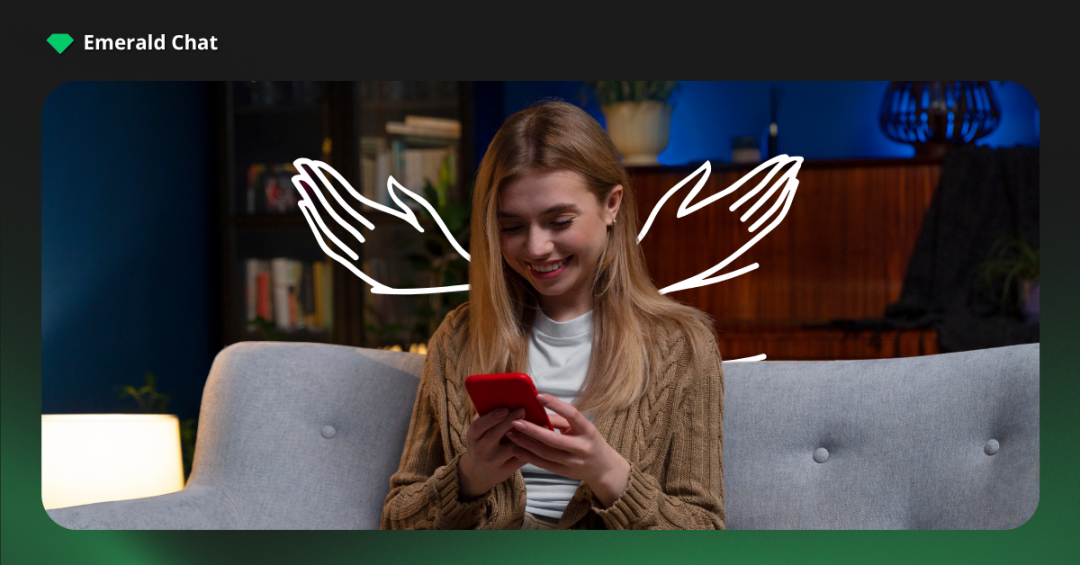 A smiling woman sitting on a couch at night looking at her phone with illustrated wings behind her, representing how night owls online conversation partners make late-night chats feel comforting and less lonely.