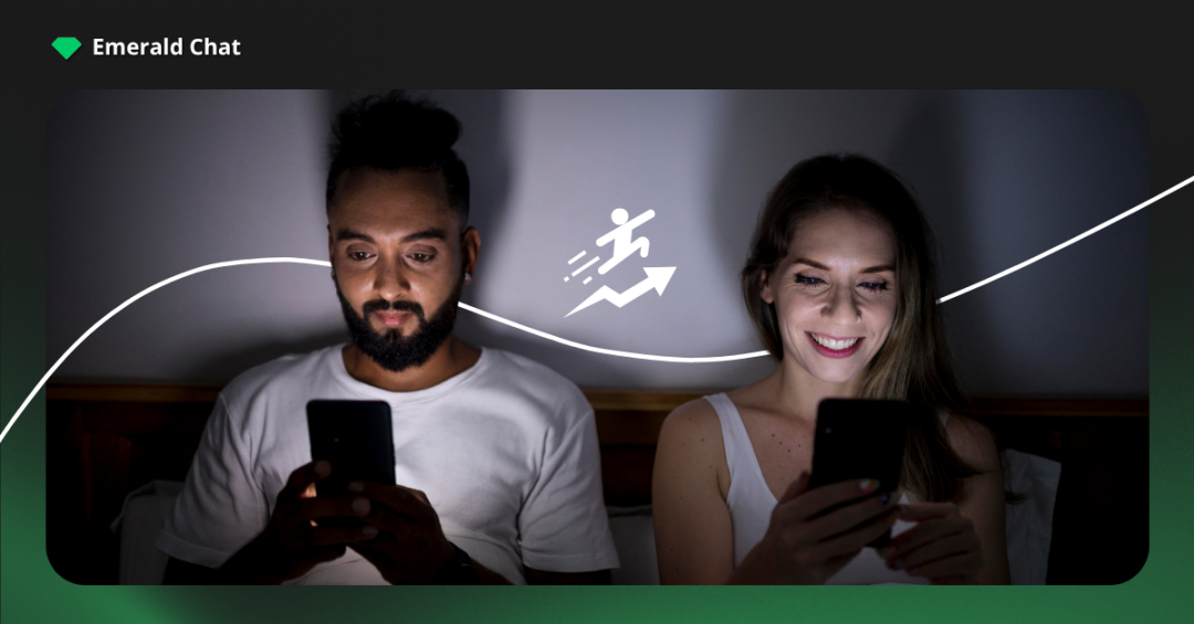 Two people sitting in bed at night using their phones with a graphic arrow between them, showing how night owls online conversation partners often enjoy deeper late-night conversations.