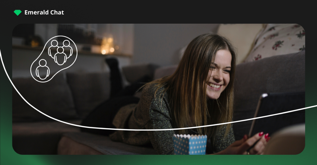 A young woman lying on a couch at night laughing while looking at her phone with doodle icons representing online communities, friendship, and night owls online conversation partners.