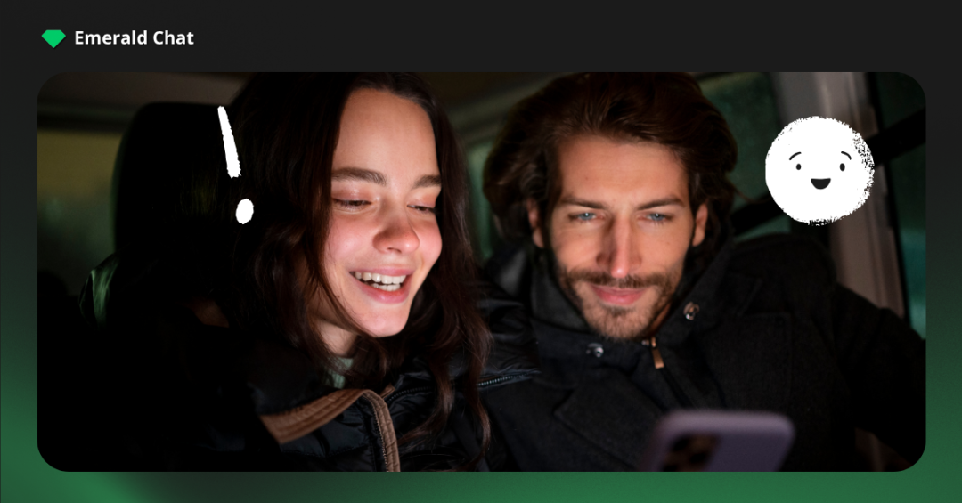 Two people sitting together at night looking at a phone inside a car with playful doodles, representing the relaxed atmosphere preferred by night owls online conversation partners on Emerald Chat.
