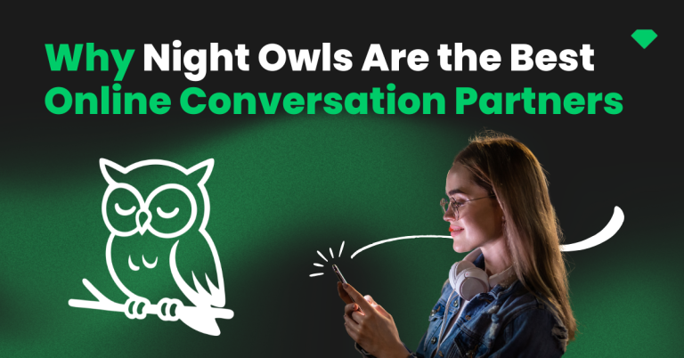 A woman wearing headphones at night smiling at her phone beside a large owl illustration and the title “Why Night Owls Are the Best Online Conversation Partners.”