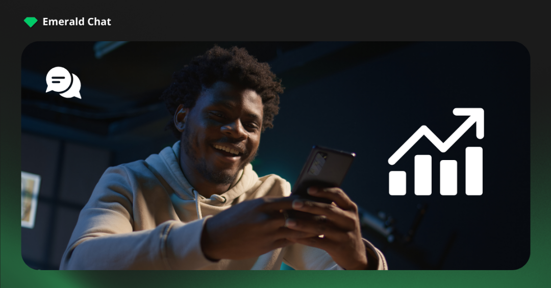 A man smiling while texting on his phone at night with chat and growth icons beside him, showing how text conversations help night owls online conversation partners connect more easily.