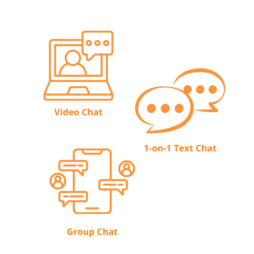 Illustrations for video chat, one-to-one text chat, and group chat